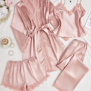 Womens Pink Satin Sleepwear 3piece Set